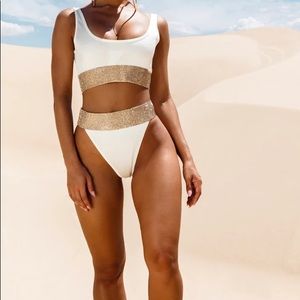 PLL Cream Diamante Scoop Neck Bikini Set M